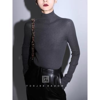 灰色半高領針織打底衫女秋冬法式高階感內搭修身羊絨毛衣洋氣上衣