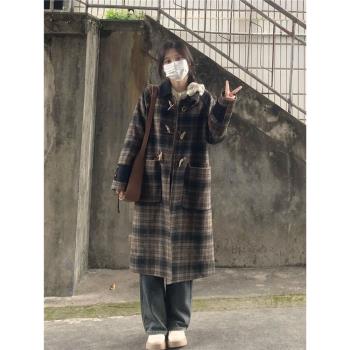 牛角扣格子羊毛大衣女2024年新款秋冬季毛呢外套高階感小個子加厚