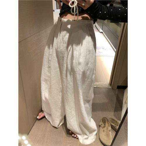 OHLABABY 亞麻闊腿褲女夏高腰寬松垂感慵懶直筒薄款休閑拖地長褲