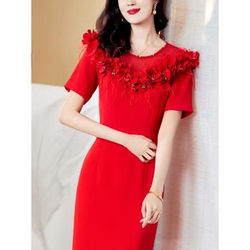 大紅色喜婆婆婚宴裝禮服連衣裙女2023春夏季高階年會包臀旗袍長款