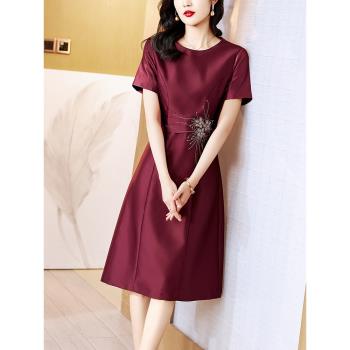 酒紅色春夏小眾收腰a字裙禮服