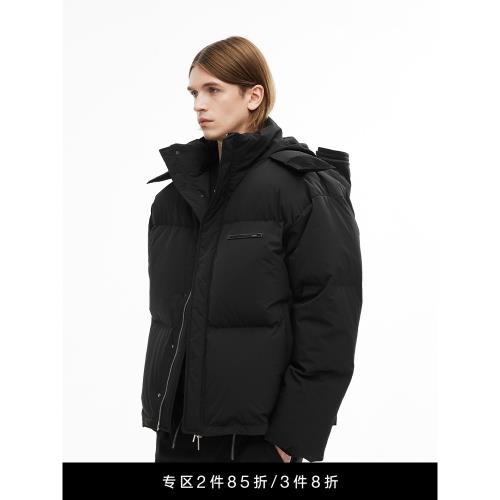 Unawares. 金屬條鑲嵌Logo連帽加厚高蓬羽絨服 90白鴨絨