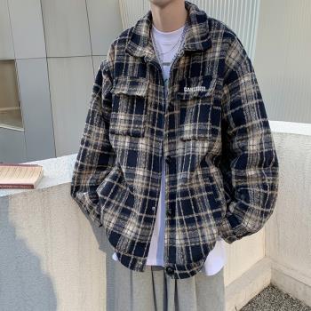 復古格子工裝夾克男寬松2023春季潮牌高階感男生小香風毛呢子外套