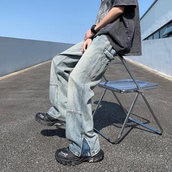 美式高街嘻哈牛仔褲男春秋季hiphop褲子拉鏈設計寬松直筒休閑長褲