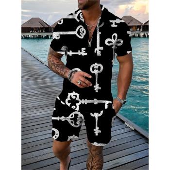 Fashion 3D printed polo shirt set 時尚3D印花翻領POLO衫套裝男