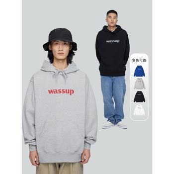 (免運)WassupHouse潮牌連帽衛衣美式情侶重磅抓絨外套灰色帽衫百搭上衣
