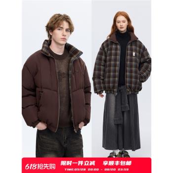 (免運)PSOBrand男女裝雙面穿三防菱格90絨復古厚羽絨服男美式小眾冬裝女