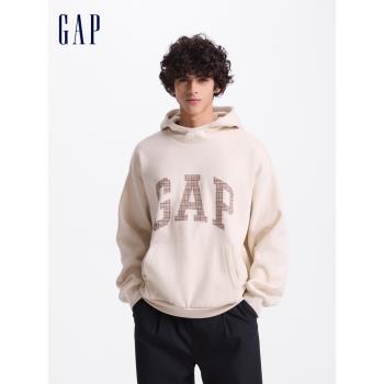 (免運)Gap男女裝春秋碳素軟磨抓絨格紋logo連帽衛衣情侶上衣609221