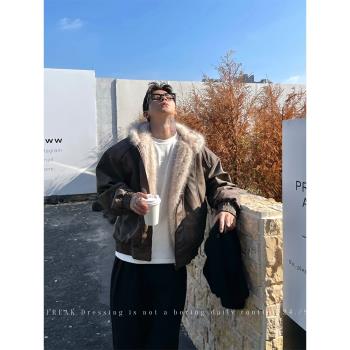(免運)OXFREAK 「霜凍紋路 座山雕」大毛領PU皮外套男連帽冬季棉服寬松