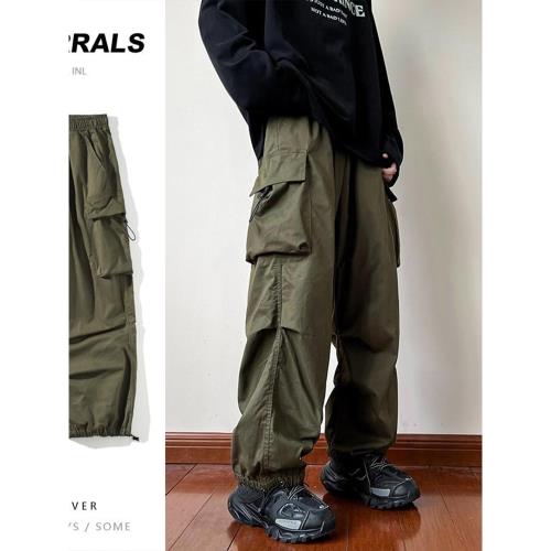 秋季男款日系軍綠色傘兵褲子降落傘工裝褲抽繩束腳機能戶外沖鋒褲