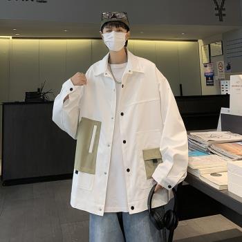 美式貼布拼接工裝夾克男士春秋季簡約寬松休閑痞帥翻領百搭外套潮