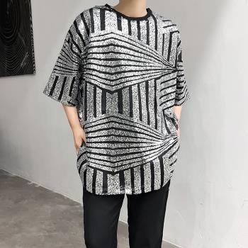 ins網紅閃亮半袖T恤男女個性銀色亮片潮流寬松嘻哈學生表演服上衣