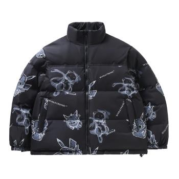 冬季羽絨服男加厚休閑款潮牌短款青年情侶款立領保暖印花冬裝外套