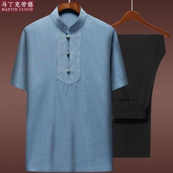 短袖居士服中式套頭爸爸夏裝亞麻