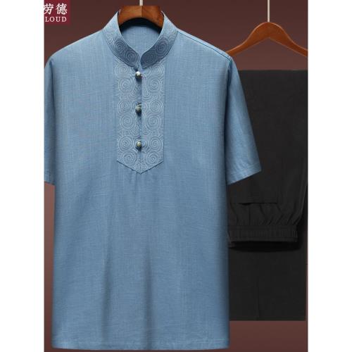 中國風亞麻唐裝男短袖套裝中老年棉麻居士服夏季中式套頭爸爸夏裝