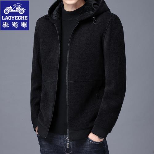 老爺車夾克男秋冬季新款中年男士帶連帽加厚外套休閑毛呢子上衣