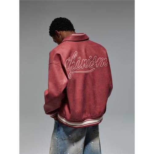 CHINISM丨巖紋翻領pu皮夾克男秋季美式皮衣男士棒球服紅色外套