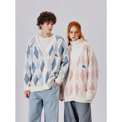 PSO Brand男裝女裝可愛小狗毛絨紗線菱格V領開衫毛衣男潮牌情侶