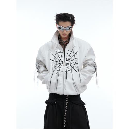 ArguE重磅小眾蜘蛛網流蘇設計感機車皮衣金屬鉚釘朋克夾克外套潮