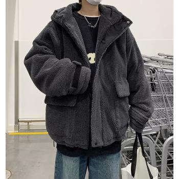 羊羔絨外套男款冬季加絨加厚工裝棉衣潮牌連帽搖粒絨冬裝棉服夾克