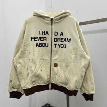 美式復古做舊磨破徽章創意繡花拉鏈外套搖粒絨加厚連帽衛衣帽衫男
