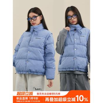 iSaluteU 潮牌復古格紋立領短款白鴨絨羽絨服可拆卸秋冬馬甲外套