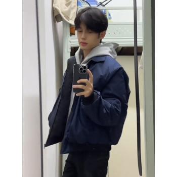 藏藍色美式飛行員夾克棉服男款秋冬季高街cleanfit外套翻領棒球服