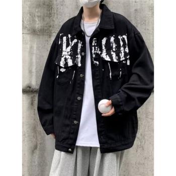 潮牌塗鴉字母春秋季寬松牛仔外套