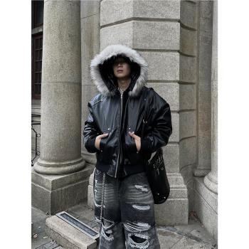 DARKFOG 小眾設計感可拆卸大毛領連帽PU皮外套男女休閑短款棉服潮