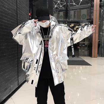 ins網紅春秋銀色亮面嘻哈外套女個性潮流overisize寬大pu皮夾克男