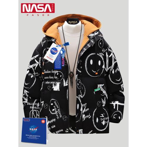 NASA聯名棉衣男連帽2025冬季潮流涂鴉印花棉服寬松青少年冬裝外套