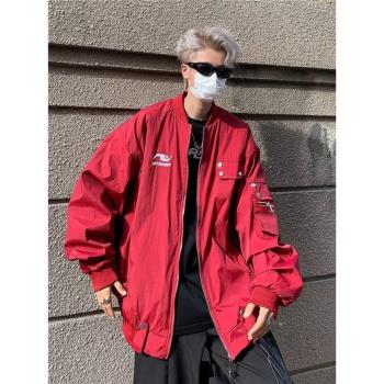 秋冬季美式復古紅色飛行員夾克男寬松潮牌痞帥工裝情侶棒球服外套