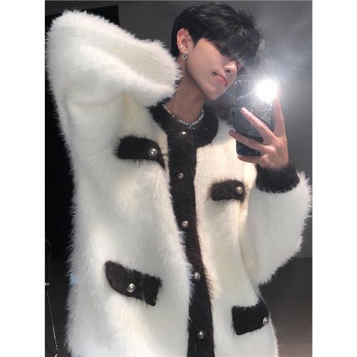 美式復古超保暖加厚水貂毛毛衣男士加棉秋冬季針織開衫小香風外套