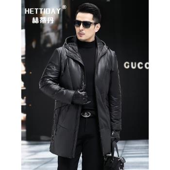海寧真皮皮衣男中長款風衣2023冬裝連帽加厚頭層牛皮羽絨服外套潮