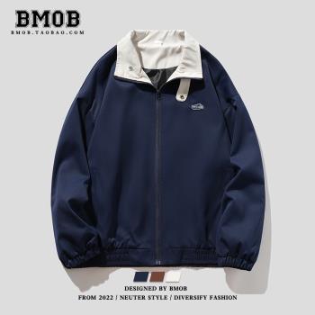 BMOB春秋季工裝夾克男設計高級感撞色立領棒球服寬松休閑痞帥外套