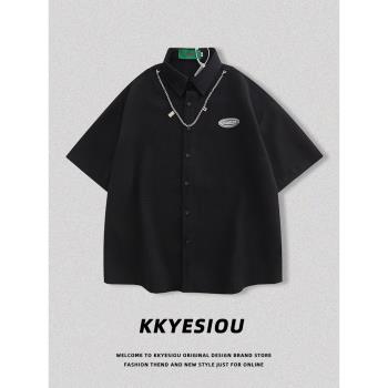 KKyesiou潮牌設計感項鏈拼接黑色短袖襯衫男高街嘻哈美式情侶外套