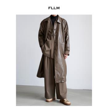 fllm復古翻領長款廓形男女皮風衣