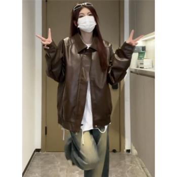 秋冬季PU皮純色嘻哈外套上衣ins潮美式復古機車風皮夾克男女帥氣