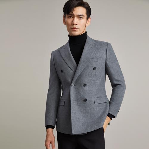 雙排扣西裝男外套男灰色商務休閑單西修身男士毛呢西服上衣厚款