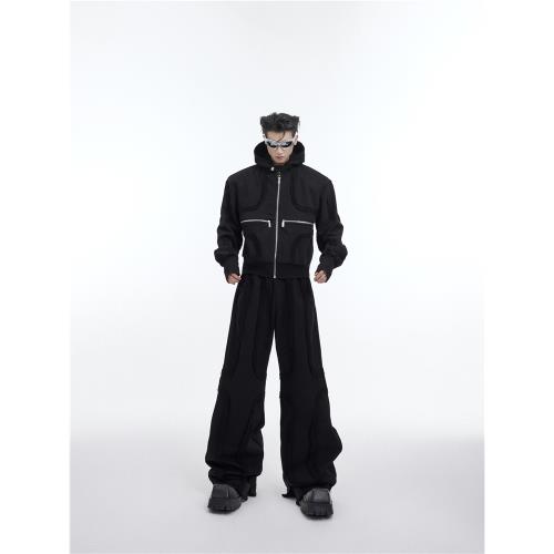 CulturE重磅小眾解構立體做舊短款墊肩連帽衛衣紅色運動套裝外套