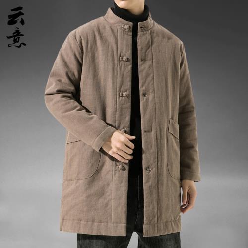 冬季中國風中長款漢服男寬松棉衣亞麻唐裝復古風棉服加厚棉襖外套