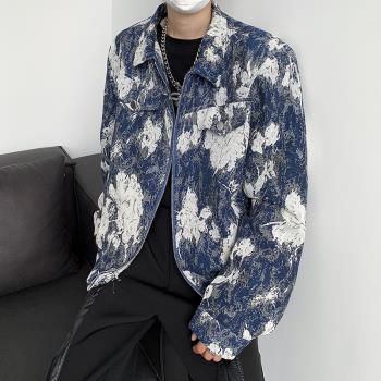 做舊短款提花水洗牛仔外套男士歐美街頭墊肩漸變扎染夾克上衣翻領