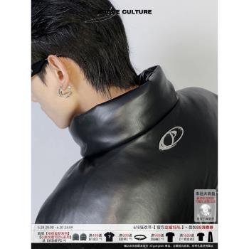 Culture冬季小眾設計加厚PU皮質棉服金屬元素簡約高階麵包服外套