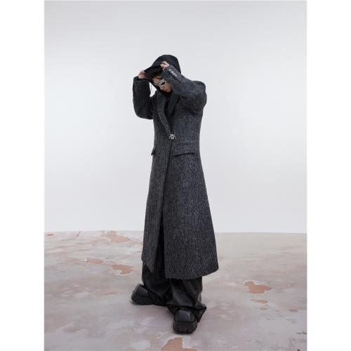 CulturE小眾廓形墊肩毛呢大衣純色寬松過膝長款風衣金屬卡扣外套