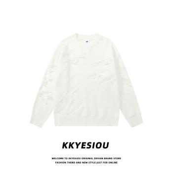 KKyesiou美式復古破洞設計情侶針織衫男女oversize學院風毛衣外套