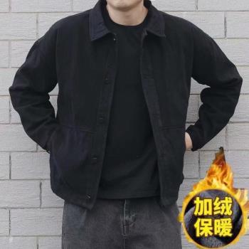 秋冬加絨加厚黑色寬松牛仔外套