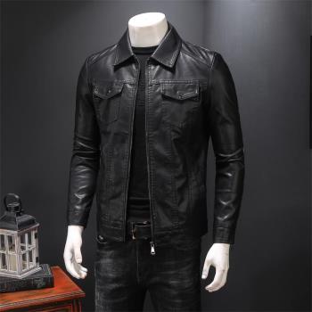 商務休閑翻領短款機車服真皮皮衣