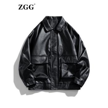 潮牌休閑寬松翻領短款外套皮夾克