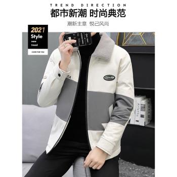 潮牌冬季羊羔毛翻領羽絨加厚棉衣