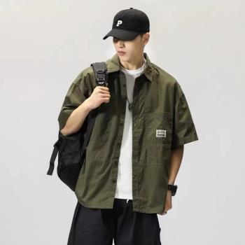 復古工裝短袖襯衫男夏季純棉半袖設計感小眾痞帥潮牌襯衣休閑外套
